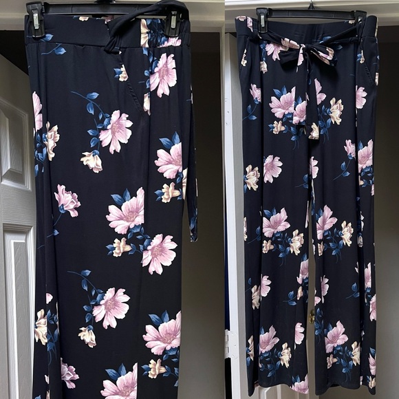 Pants - Pants Women’s Floral Print Wide-Legged Elastic Waist with Sash